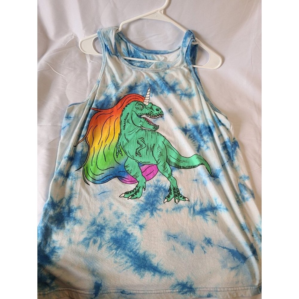 Dinosaur tank top, tie dye blue